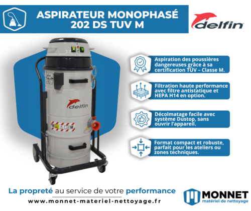 Aspirateur industriel Delfin 202 DS TUV M : performance, sécurité et filtration pour vos poussières fines Aspirateur industriel Delfin 202 DS TUV M : performance, sécurité et filtration pour vos poussières fines